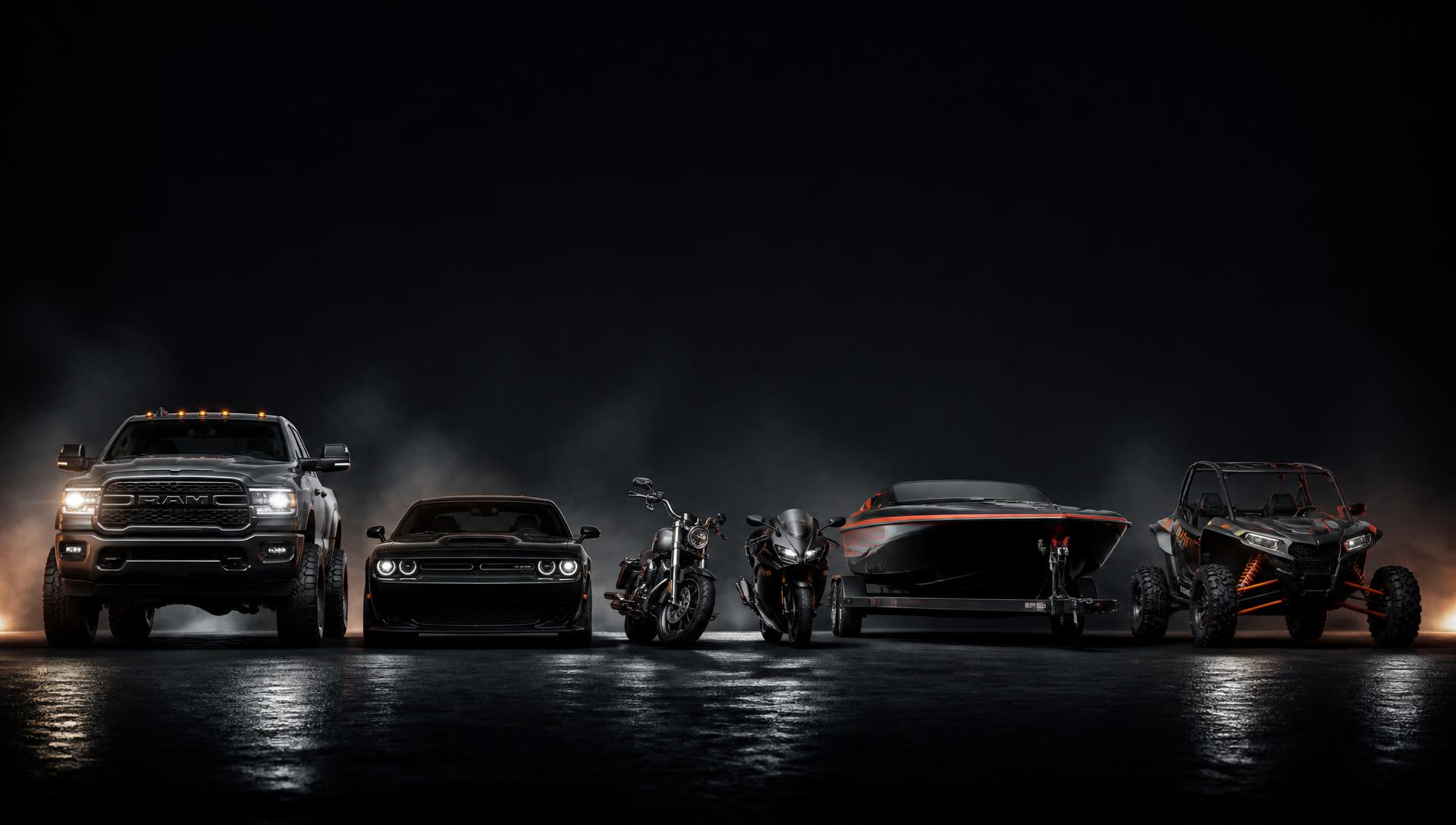 Lineup of trucks, muscle cars, motorcycles, a boat and a UTV